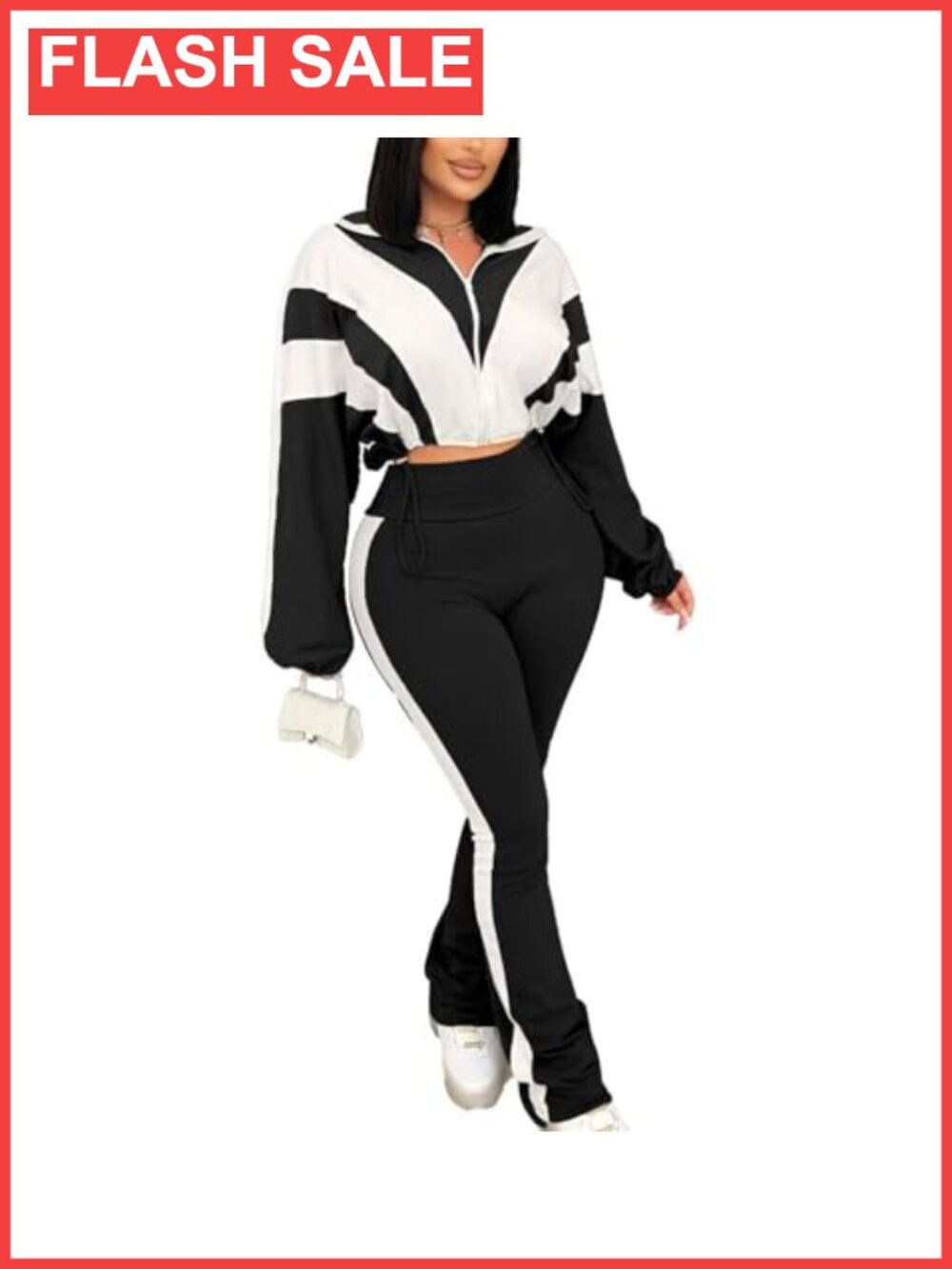 Colorblock Zip Jacket Bodycon Flare Pant Set